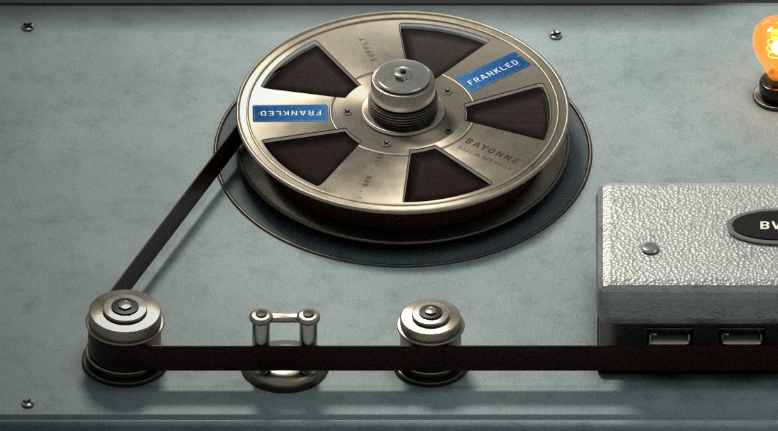 The tape unit: two aluminium reels with blue Frankled stickers, tape guides, a hammered head cover marked BV-1 and a small incandescent lamp between the reels.